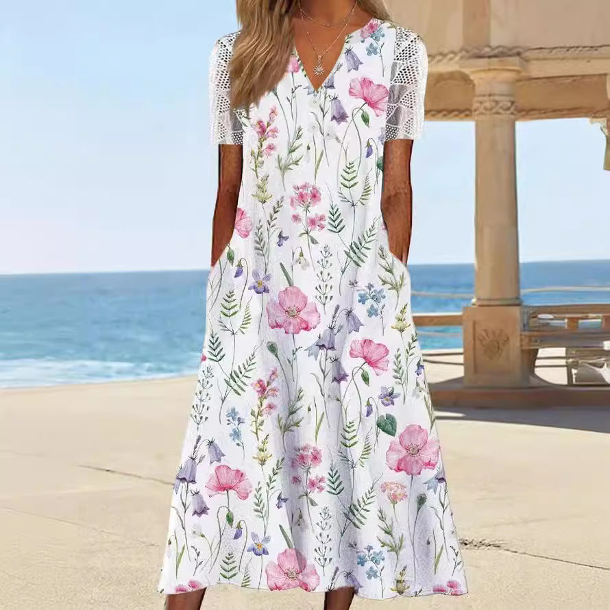 Damen Maxi-Kleid mit floralem Design und praktischem Knopfverschluss W&W Mode