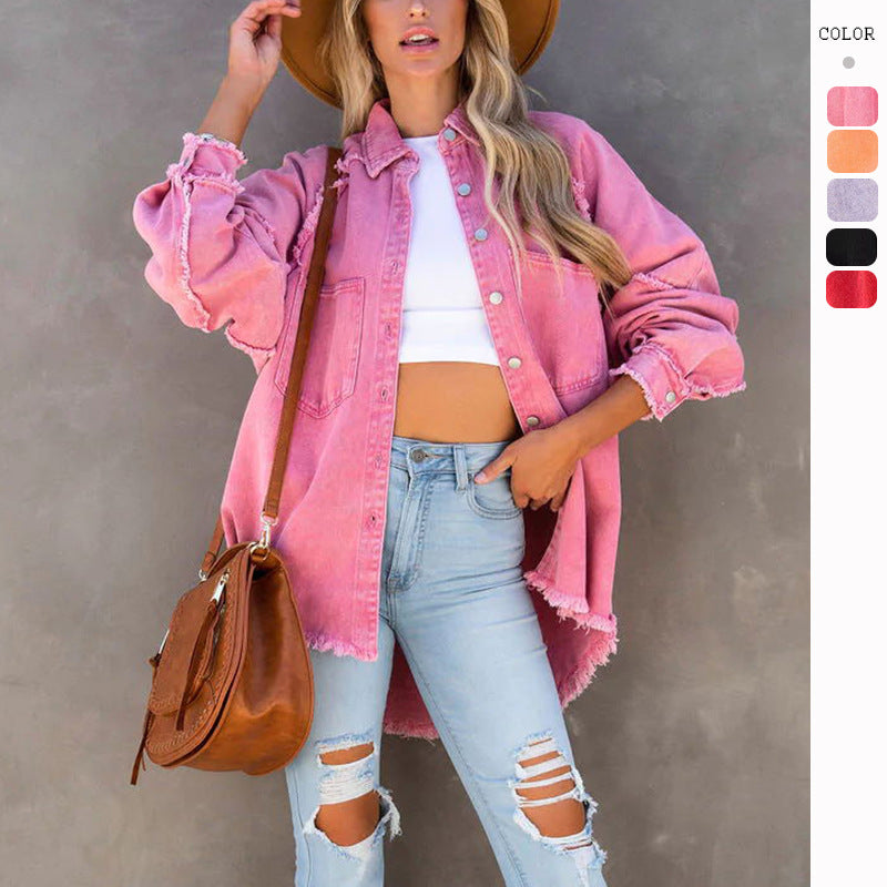 Damen lässige Overshirtjacke aus leichtem Denim mit fransigen Details WW
