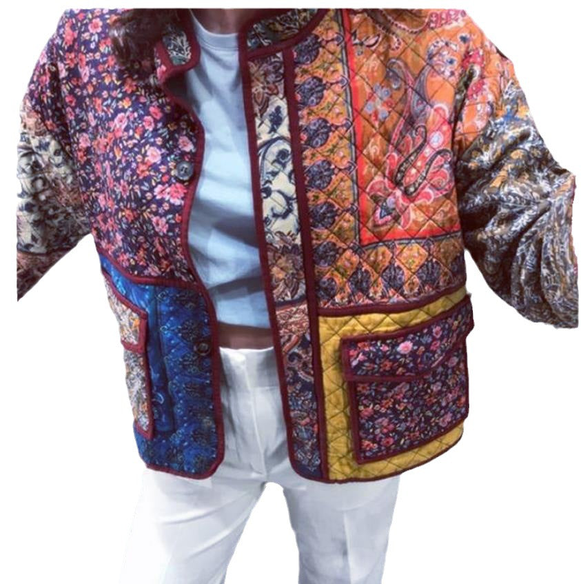 Damen Quilted Jacke mit buntem Patchwork-Design und praktischen Taschen WW