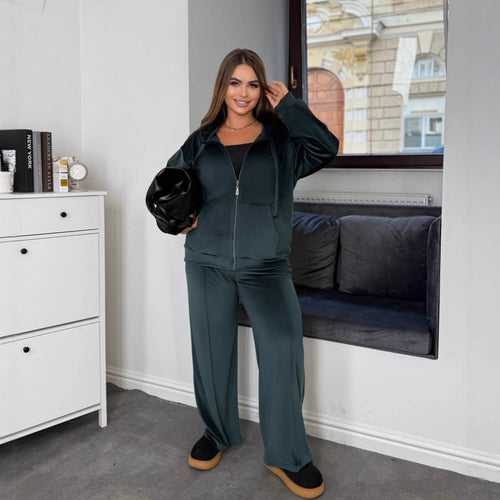 Damen sportliches Fleece-Jogginganzug-Set mit Kapuze und elastischer Taille WW