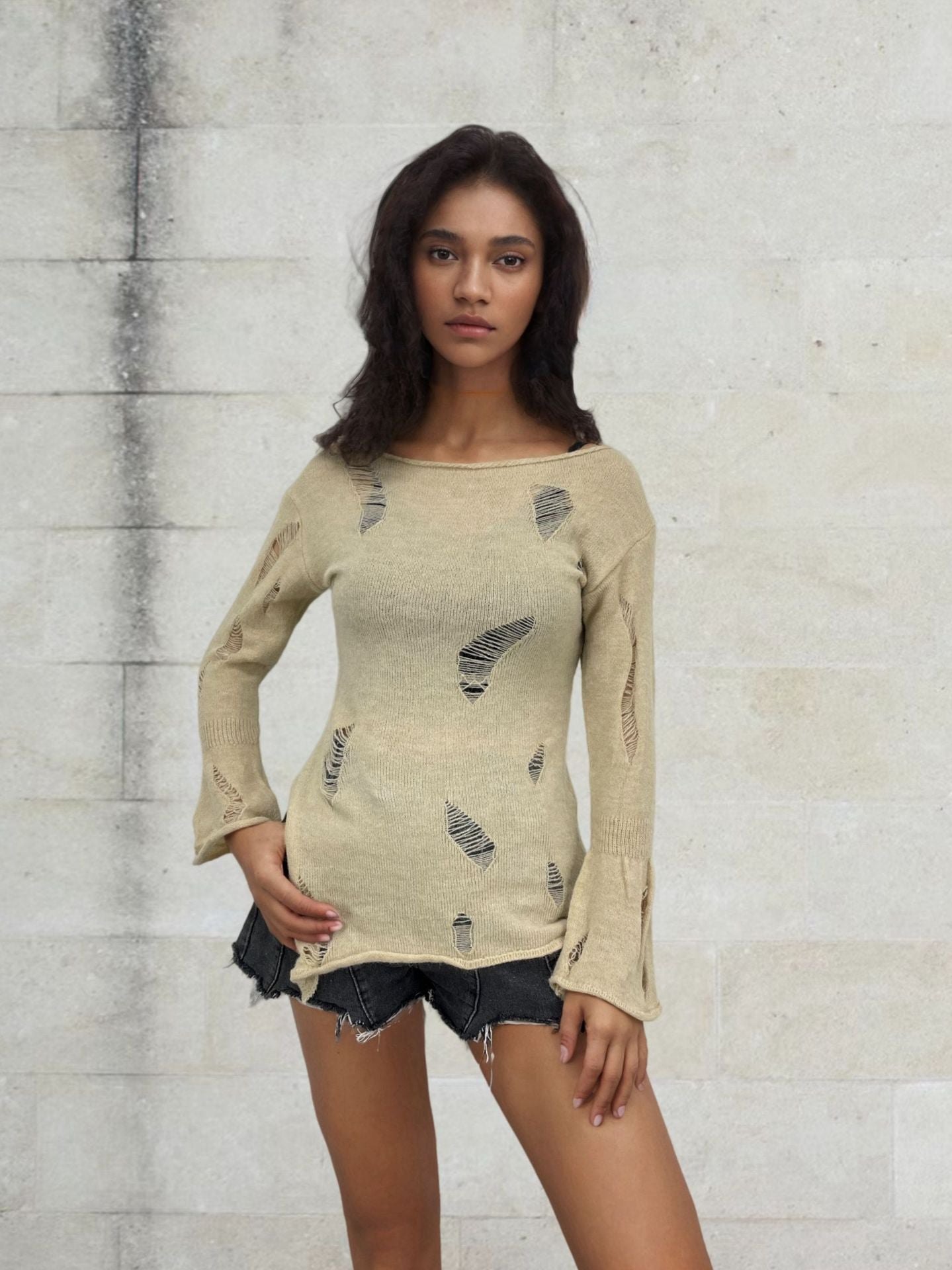 Damen Strickpullover mit lässigem, ausgefranstem Design WW