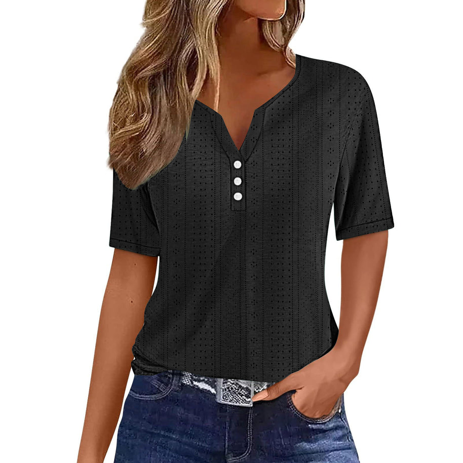 Damen kurzärmeliges T-Shirt mit Knopfdetails und eingewebtem Muster WW