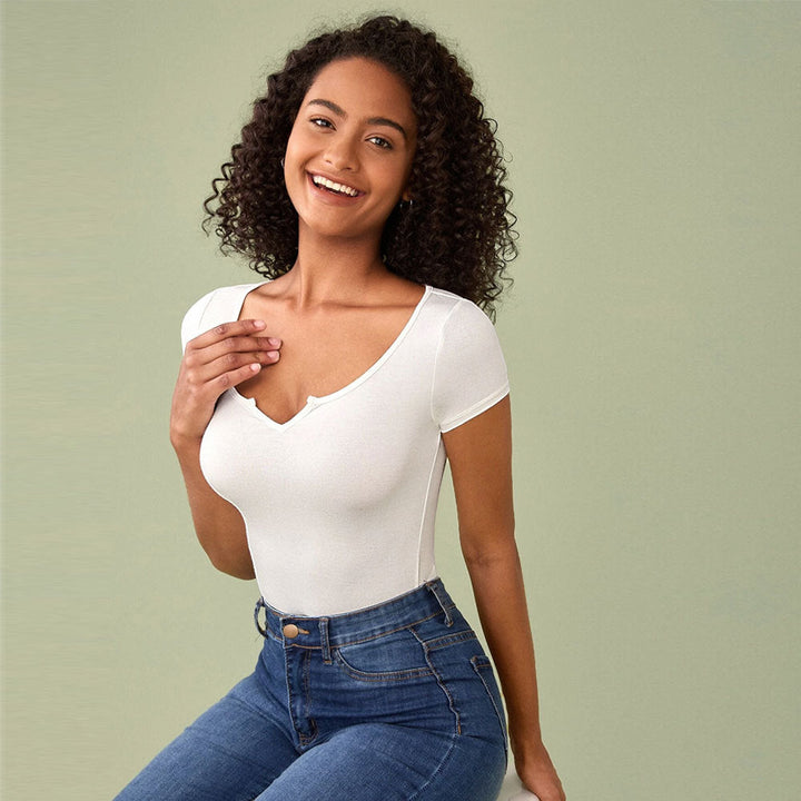 Damen figurbetontes Kurzarmbody mit V-Ausschnitt W&W Mode