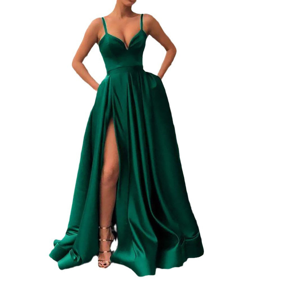 WW | Figurformendes einfarbiges Spaghettiträger-Train-Abend-Satin-Kleid