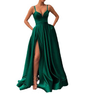 WW | Figurformendes einfarbiges Spaghettiträger-Train-Abend-Satin-Kleid