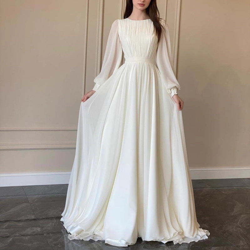 W&W Mode | Durchsichtiges Weißes Hochzeitskleid Rundhalsausschnitt Lange Ärmel Kleid
