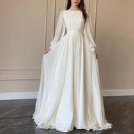 WW | Durchsichtiges Weißes Hochzeitskleid Rundhalsausschnitt Lange Ärmel Kleid