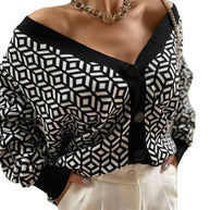 Damen Strick-Cardigan mit modernem geometrischen Muster und praktischen Taschen WW