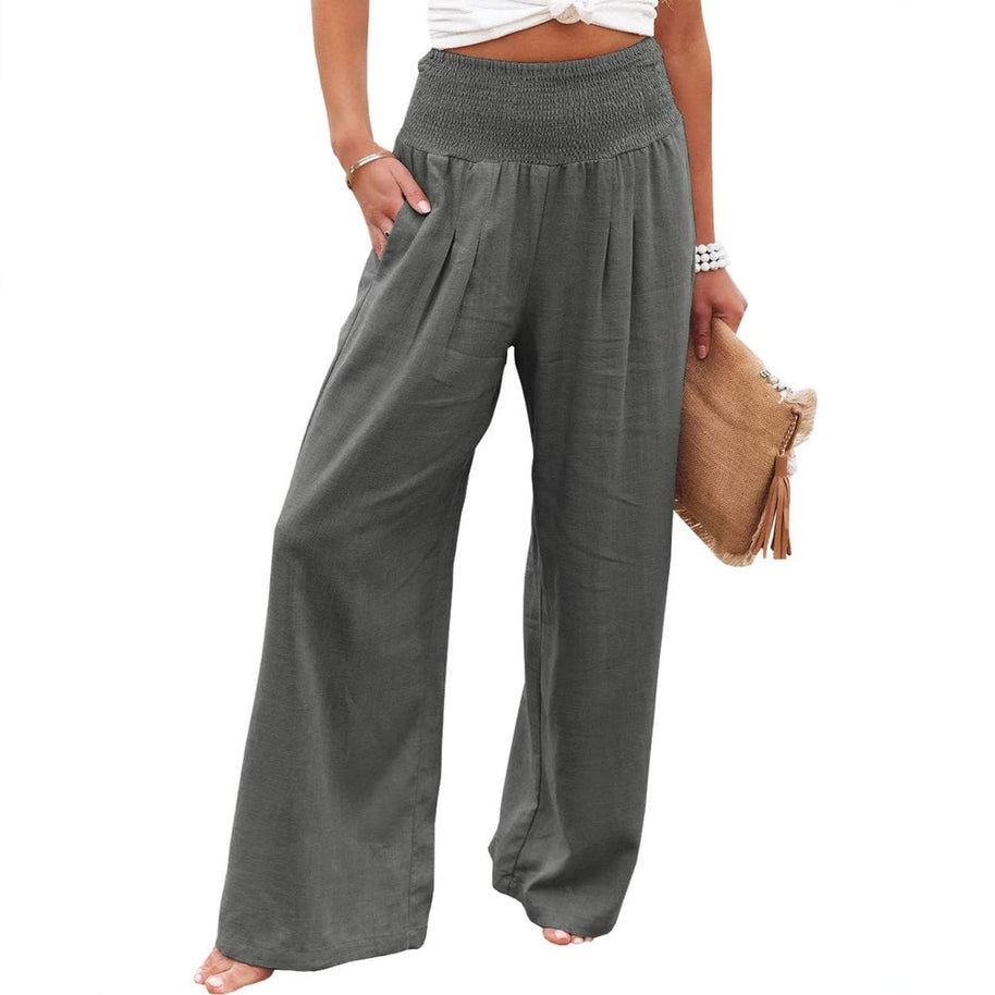 Damen Weite Leinenhose mit elastischem Bund und Falten WW
