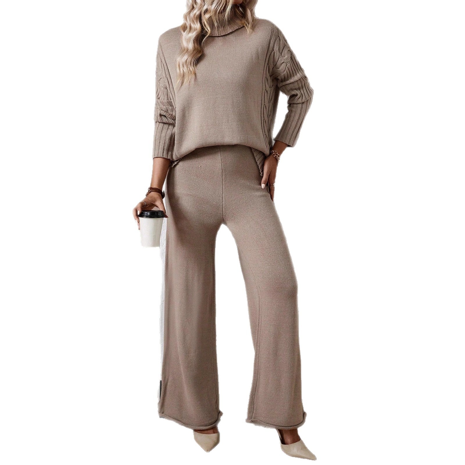 Damen Stilvolles Strickset mit hohem Kragen und weiter Hose WW