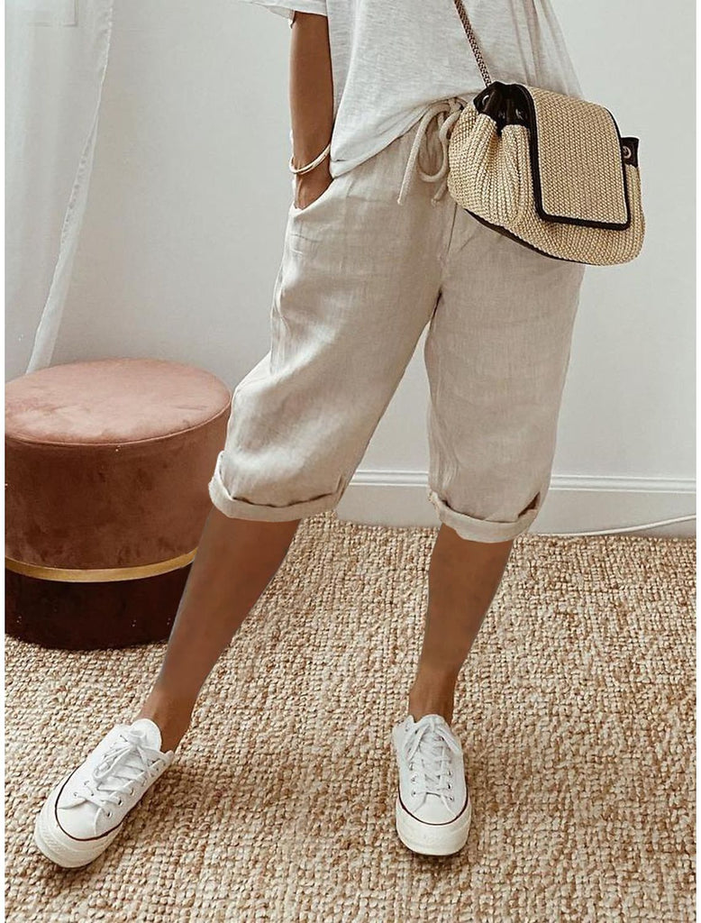 Damen lässige Cropped-Hosen mit Gummi Bund und Taschen WW