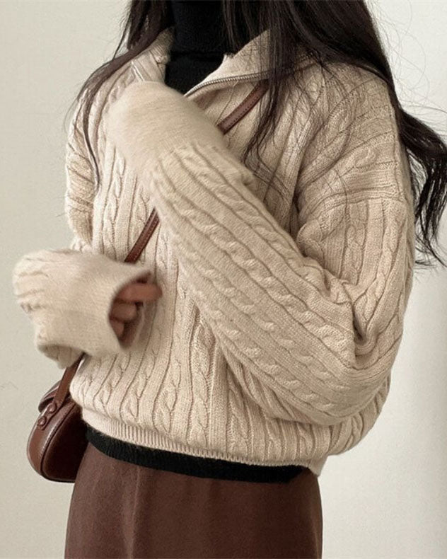 W&W Mode Vintage Rollkragen Reißverschluss Twist Strickpullover