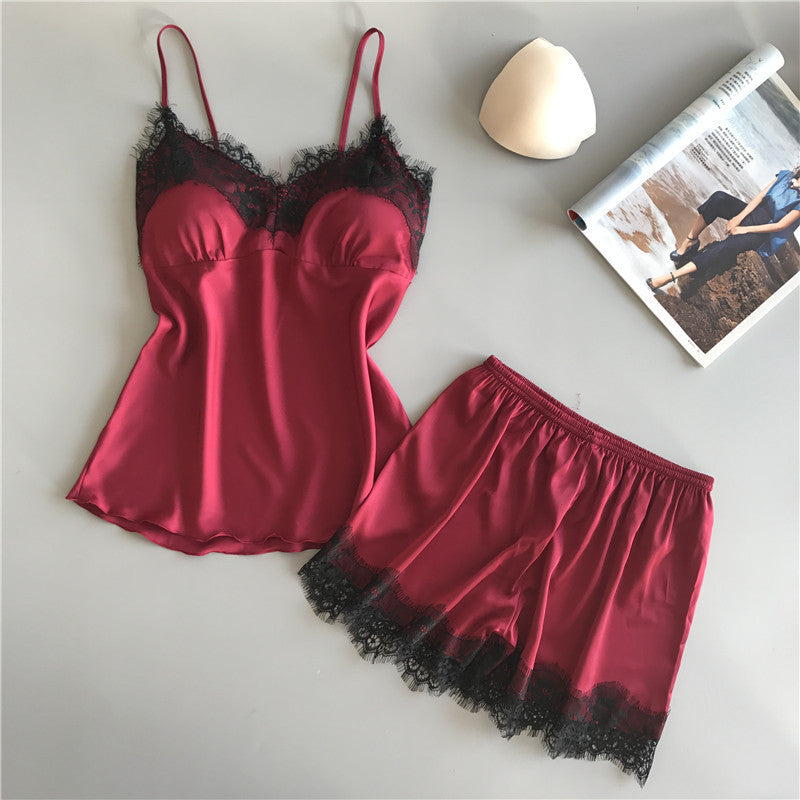 Damen Elegantes Satin-Pyjama-Set mit Spitzenbesatz WW