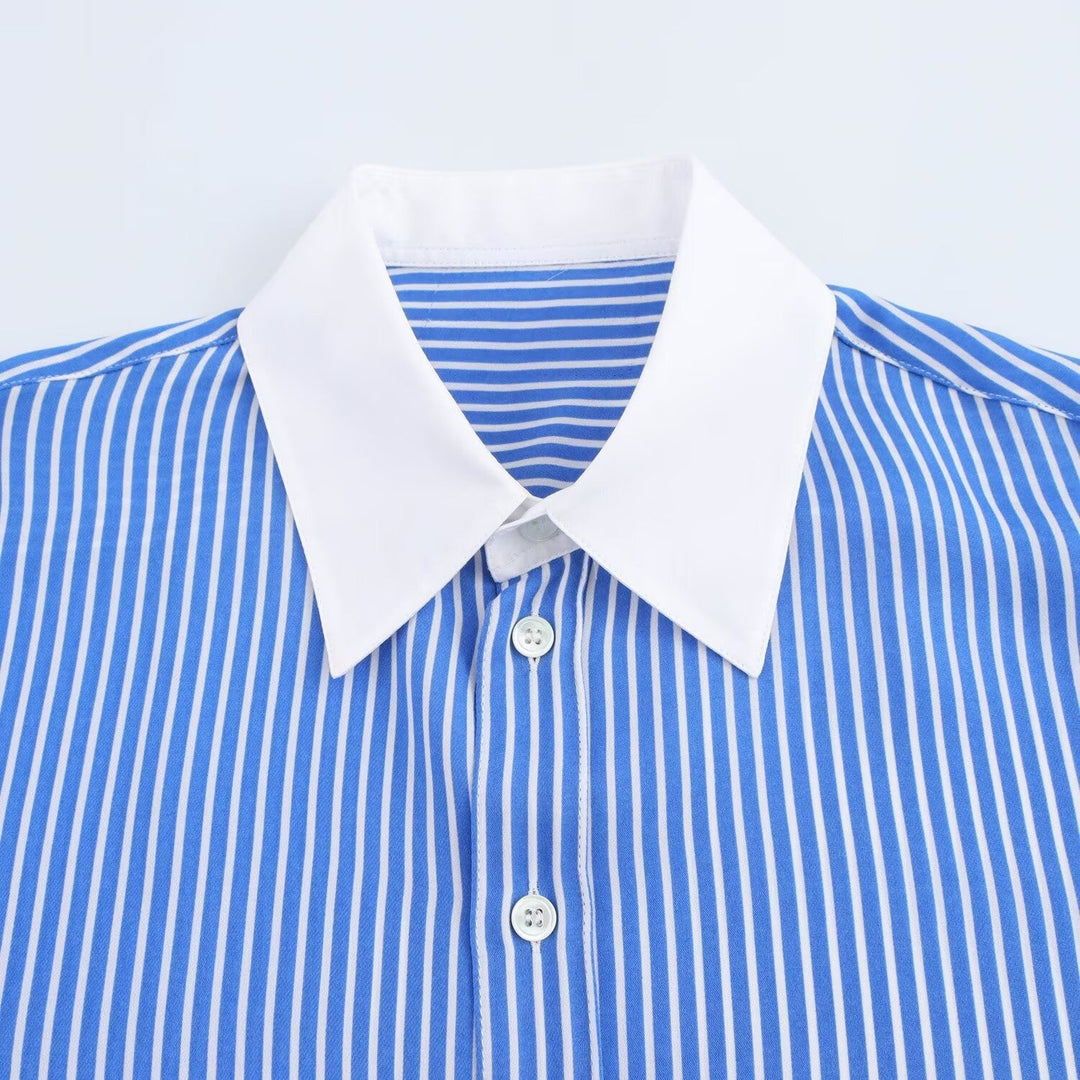 W&W Mode | Modische Blau Weiß Gestreifte Revers Vielseitige Bluse