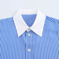 WW | Modische Blau Weiß Gestreifte Revers Vielseitige Bluse