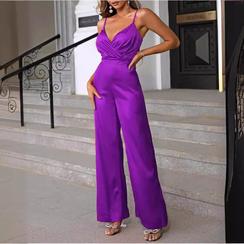 Damen Eleganter Jumpsuit mit Wickeloberteil und langen, geraden Beinen WW