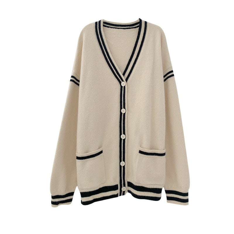 Damen bequeme Strickjacke mit lässigem Schnitt und dekorativem Streifen WW