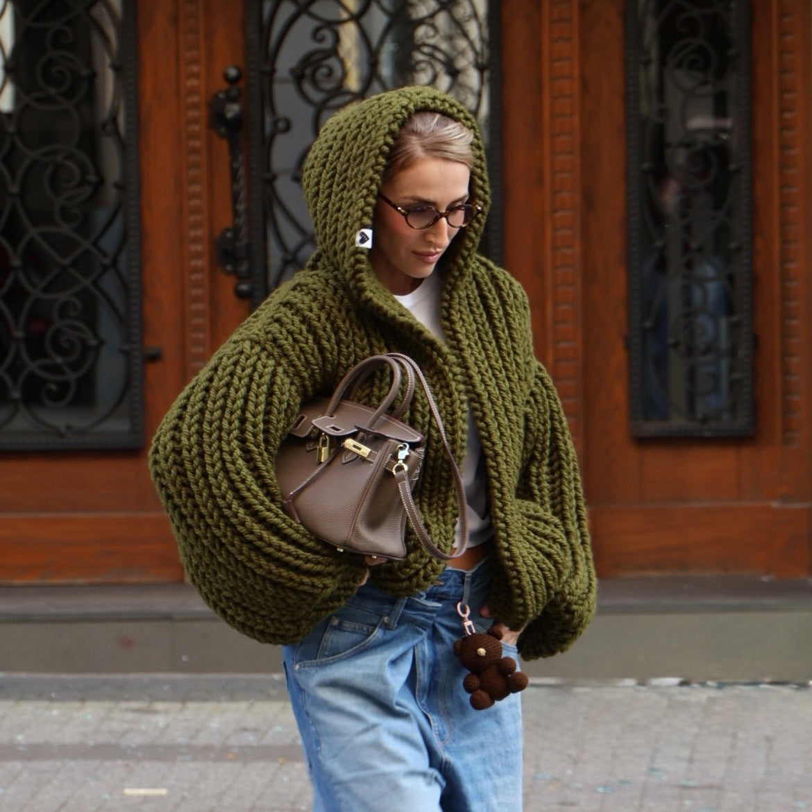 Damen Strickjacke mit oversize Schnitt und Kapuze WW