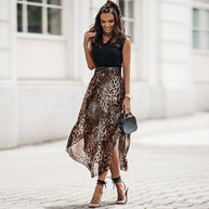 Damen eleganter Maxirock mit asymmetrischem Saum und tierischem Leopardenmuster WW