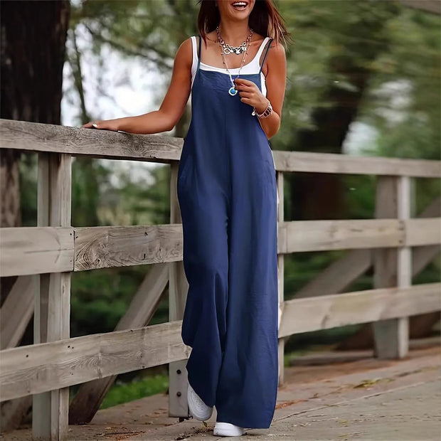 Damen luftiger Jumpsuit mit praktischen Taschen und verstellbaren Trägern WW
