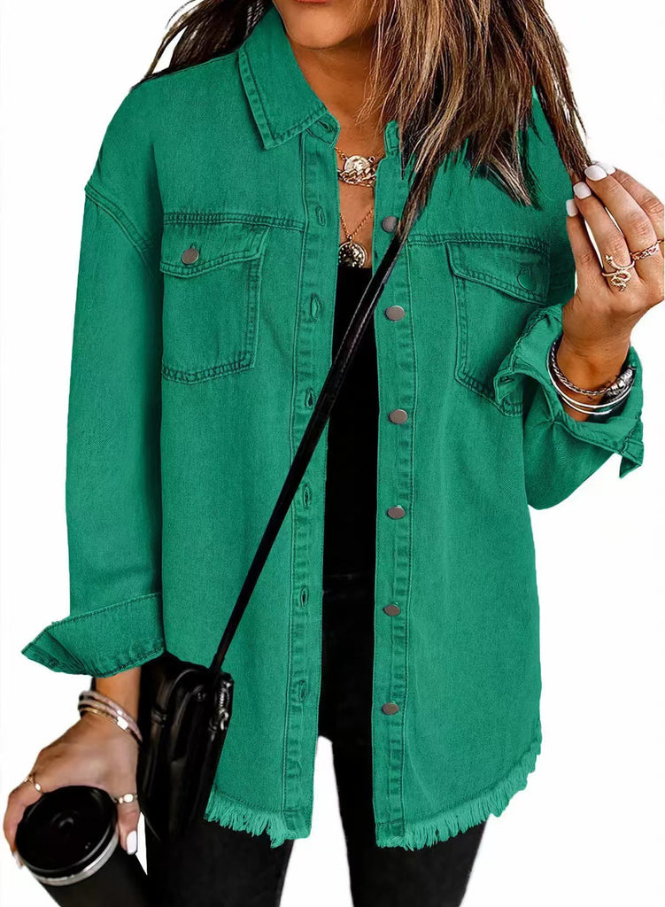 Damen Oversized Jeanshemd mit Fransen WW