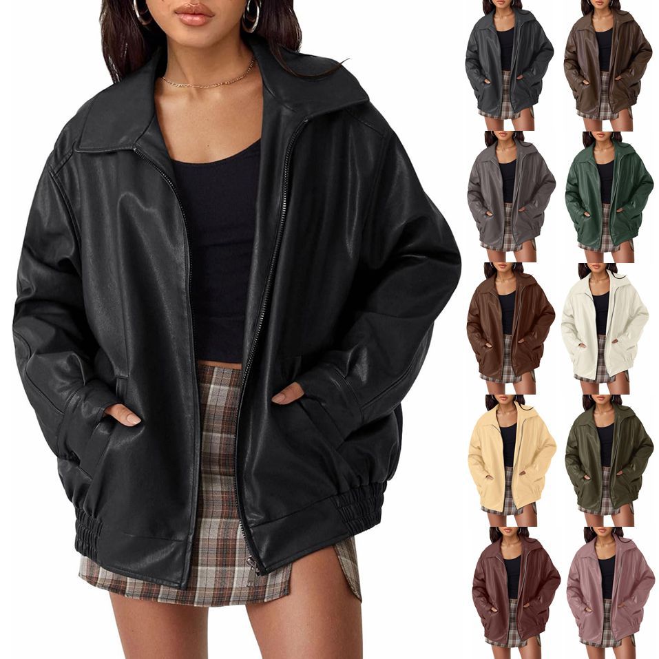 Damen lässige Kunstlederjacke mit weitem Schnitt und praktischen Taschen W&W Mode
