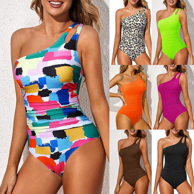 Damen Einteiler Badeanzug mit asymmetrischem Träger und modischem Leo-Muster WW