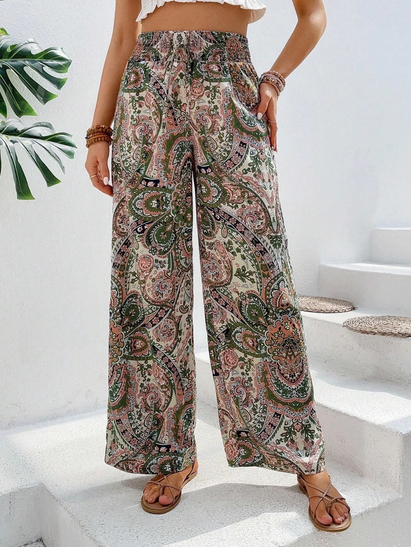 Damen weite Palazzo-Hose mit elastischem Bund und elegantem Paisleymuster WW