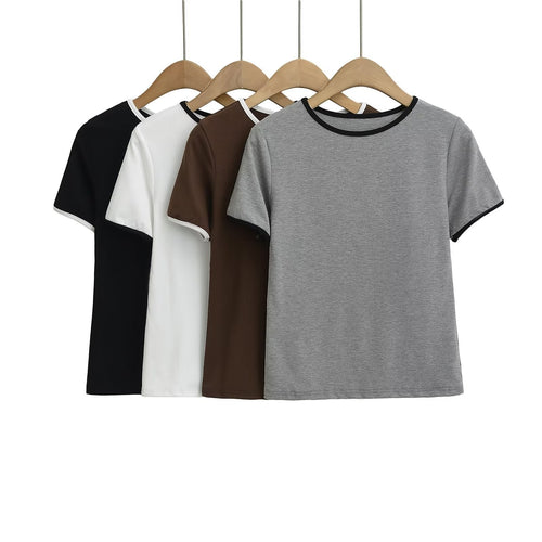 Damen klassisches T-Shirt mit kontrastierenden Ärmelabschlüssen und hochwertiger Baumwolle W&W Mode