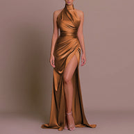 WW | Brautjungfernkleid Satin Halter Offene Rückseite Ärmellos Elegant Hochzeit Cocktail Zeremonie Gast