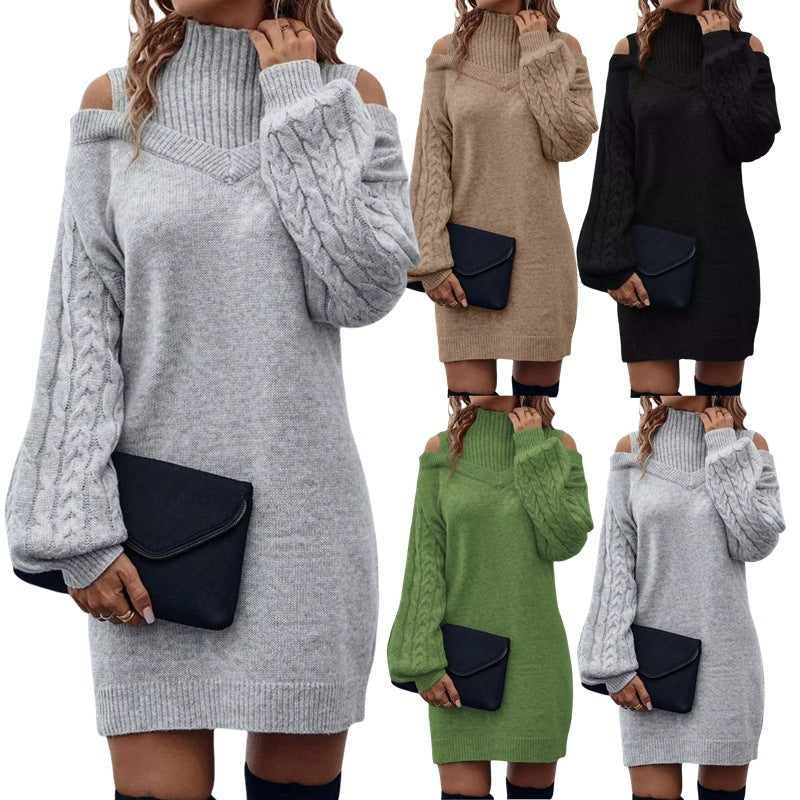Damen Strickkleid mit hochgeschlossenem Kragen und offener Schulterpartie WW