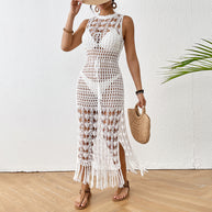 Damen gehäkeltes Strandkleid mit tiefem Schlitz und fransigen Akzenten WW