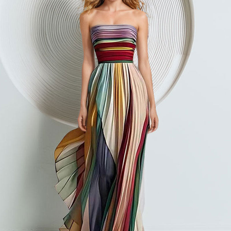 Damen Elegantes Maxikleid mit gerafftem Oberteil und farbenfrohem Streifenmuster WW