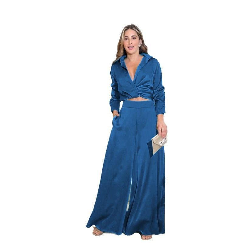 Damen raffinierter und eleganter Zweiteiler mit cropped Bluse und weit geschnittenen Hosen WW