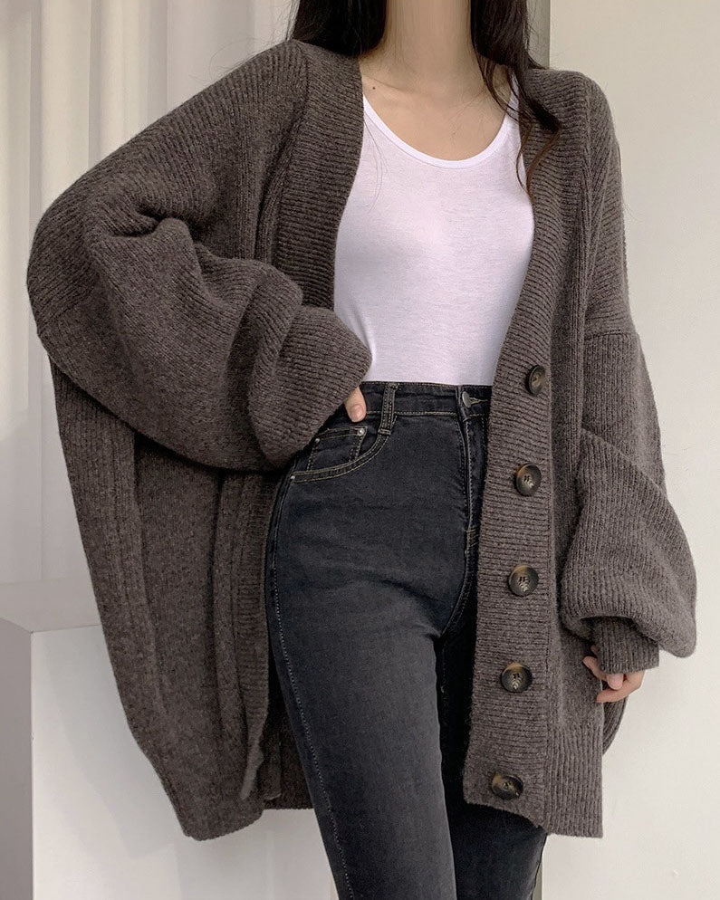 W&W Mode V-Ausschnitt einreihig lockerer Laternenärmel Strickcardigan