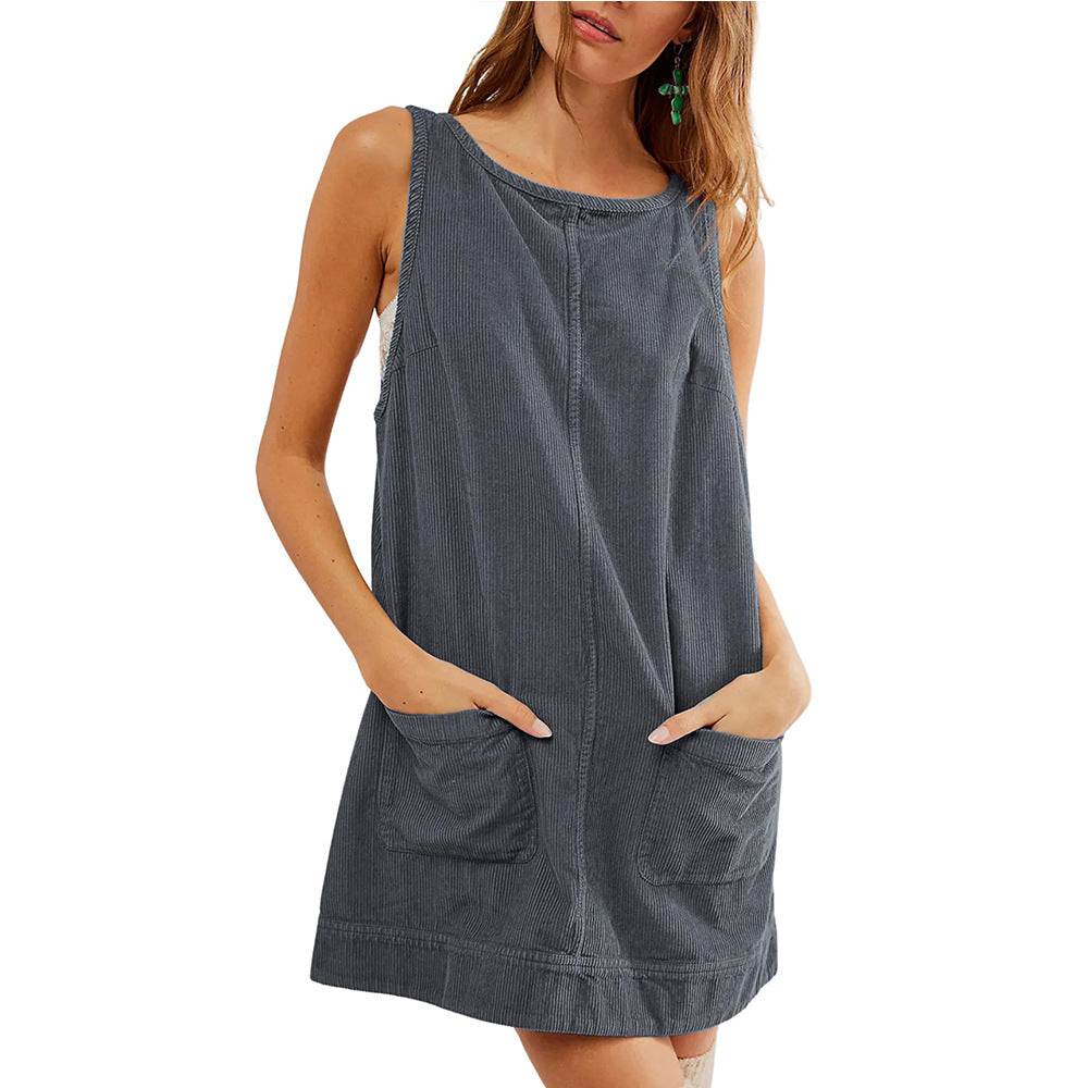 Damen lässiges Latzkleid mit praktischen Taschen und breiten Trägern WW