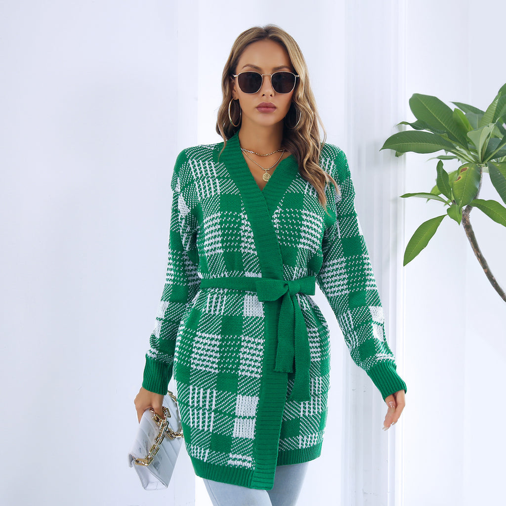 Damen Karierte Strickjacke mit Taillengürtel und offenem Design WW