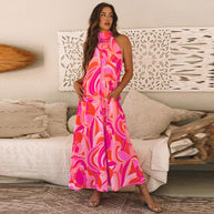 Damen Maxikleid mit hohem Kragen und floralem Muster WW