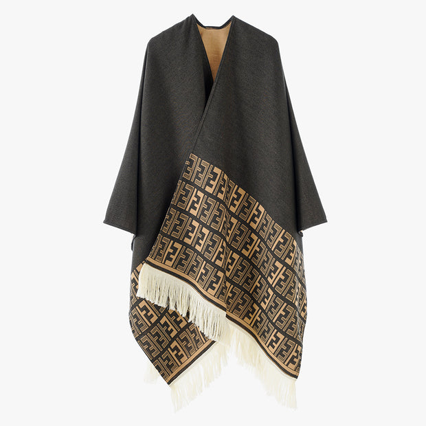 Damen eleganter Überwurf-Poncho mit kunstvollem Fransen-Design und besonderen grafischen Mustern WW