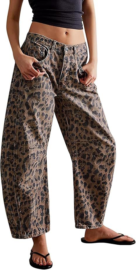 Damen weite Jeans mit auffälligem Leopardenmuster und hohem Bund WW