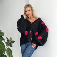 Damen Strickjacke mit verspieltem Erdbeermuster und weiten Ärmeln WW