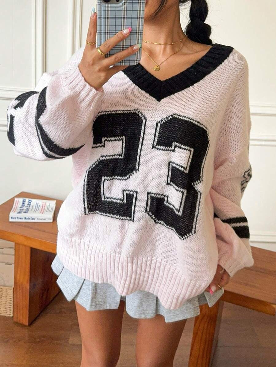 Damen Sportlicher V-Ausschnitt Pullover im lässigen College-Stil WW