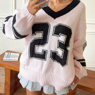 Damen Sportlicher V-Ausschnitt Pullover im lässigen College-Stil WW