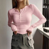 Damen schmeichelhaftes Langarm-Bodyshirt mit Knopfleiste WW