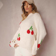 Damen Strickpullover mit fruchtigem Kirschmotiv und lässigem Schnitt WW