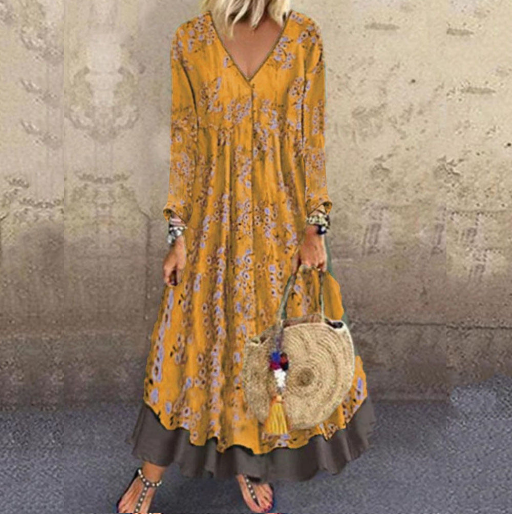 Damen blumiges Maxikleid mit weitem Schnitt und V-Ausschnitt W&W Mode