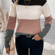 Damen Rundhals Strickpullover mit modernen Farbkombinationen WW