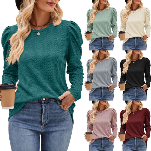 Damen elegantes Langarmshirt mit strukturiertem Muster und Puffärmeln WW