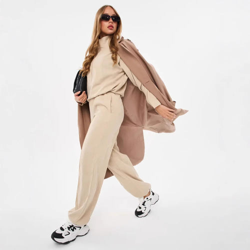 Damen sportliches Fleece-Set mit hohem Kragen und weitem Bein WW