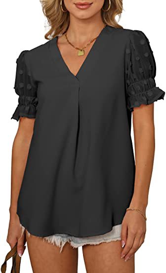 WW | V-Ausschnitt Kurzarm Pom Pom Locker Sitzende Bluse